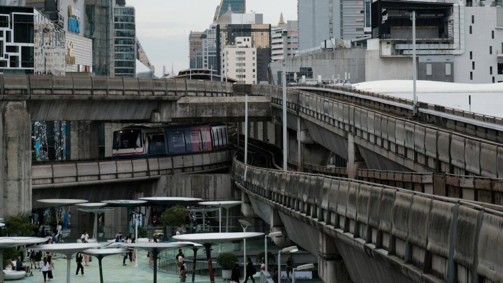 Bangkok street with the elevated BTS Skytrain line