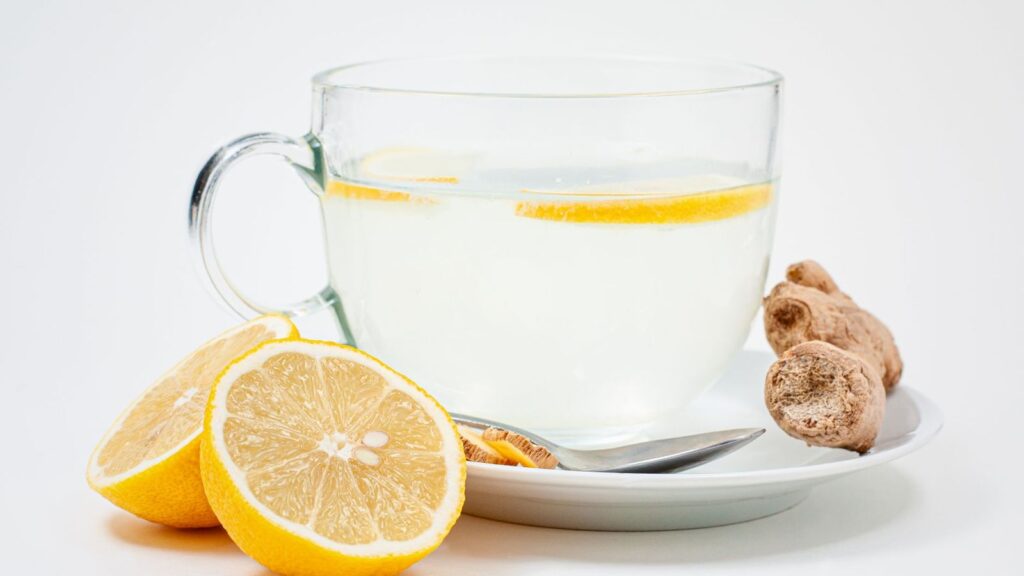 Cup of ginger tea with lemon slices, a gentle drink when your stomach feels unsettled